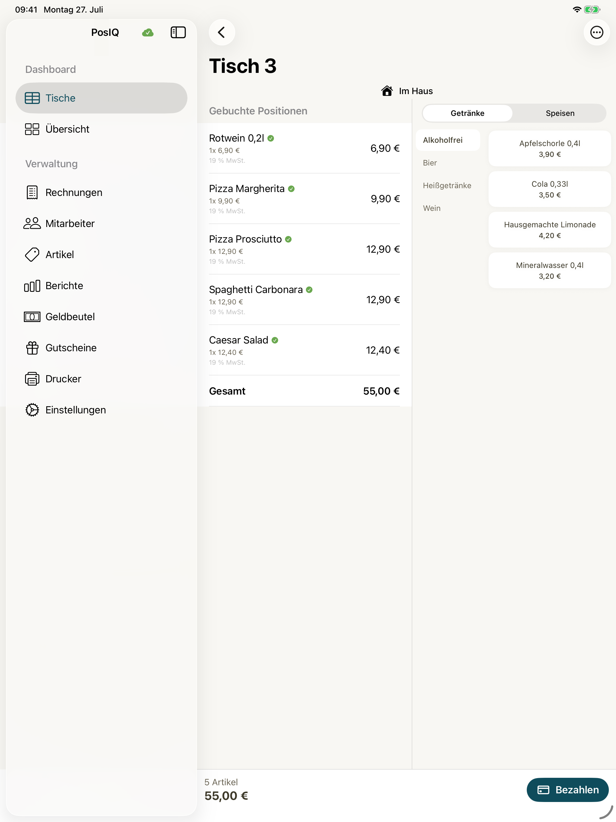 PosIQ auf dem iPad: Tisch 3, fünf bestellte Positionen und 55 Euro Gesamtbetrag.