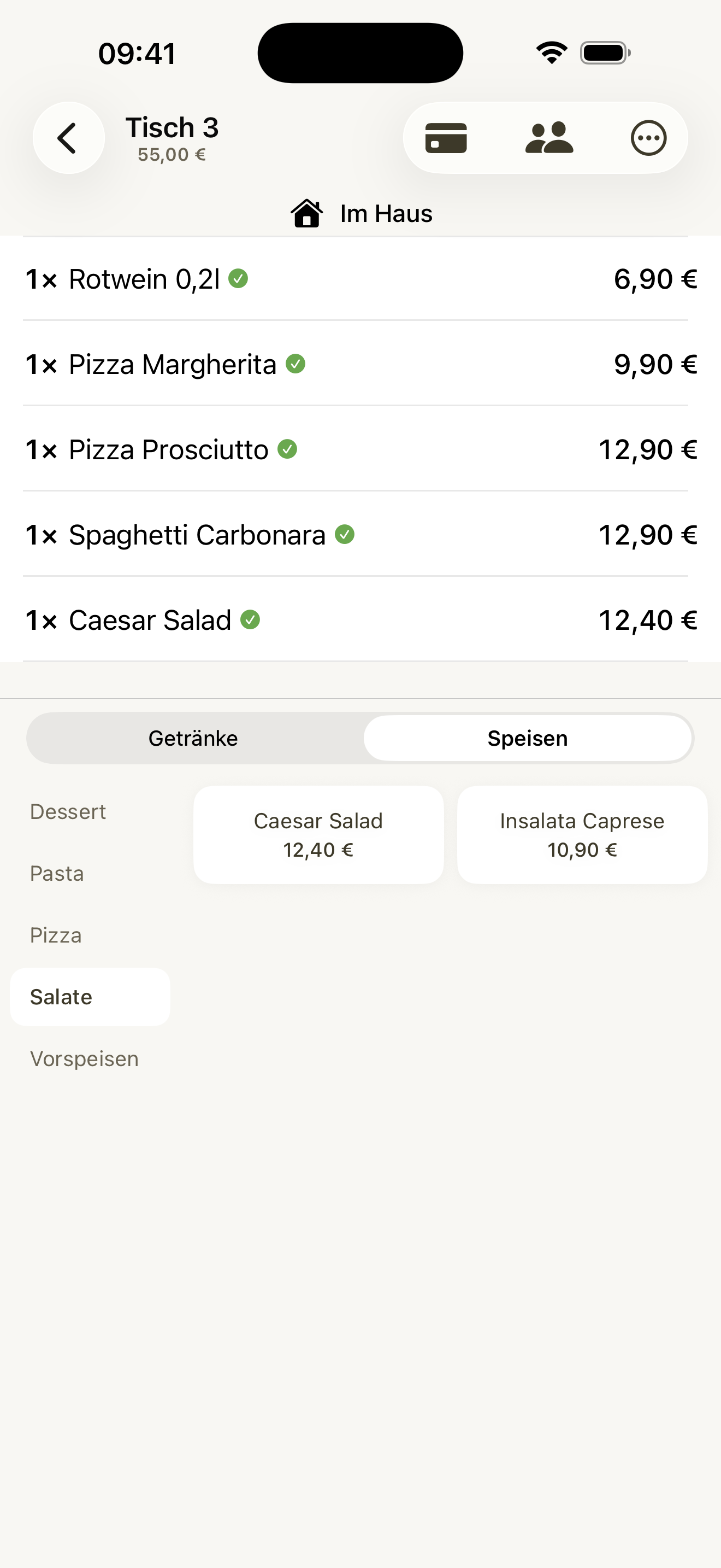 PosIQ auf dem iPhone: Tisch 3 mit fünf bestellten Positionen, 55 Euro Gesamtbetrag und Artikelauswahl.